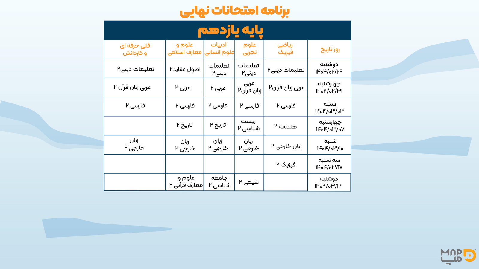 برنامه امتحانات نهایی یازدهم