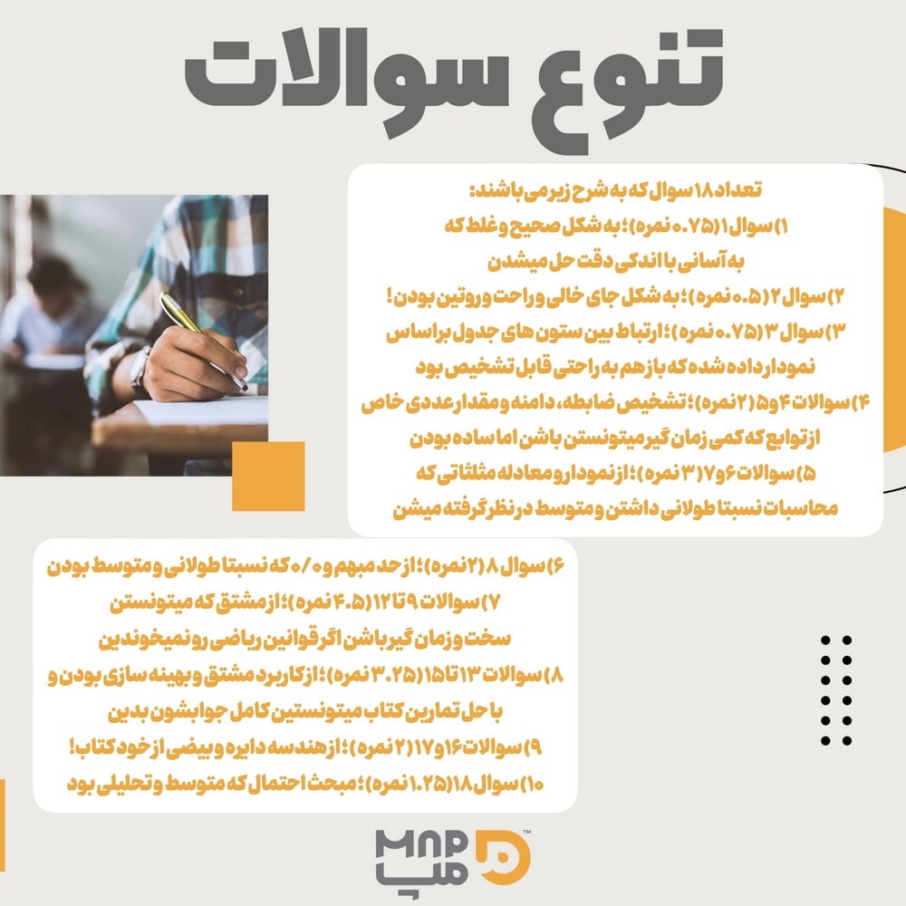 تنوع سوالات آزمون نهایی ریاضی دوازدهم